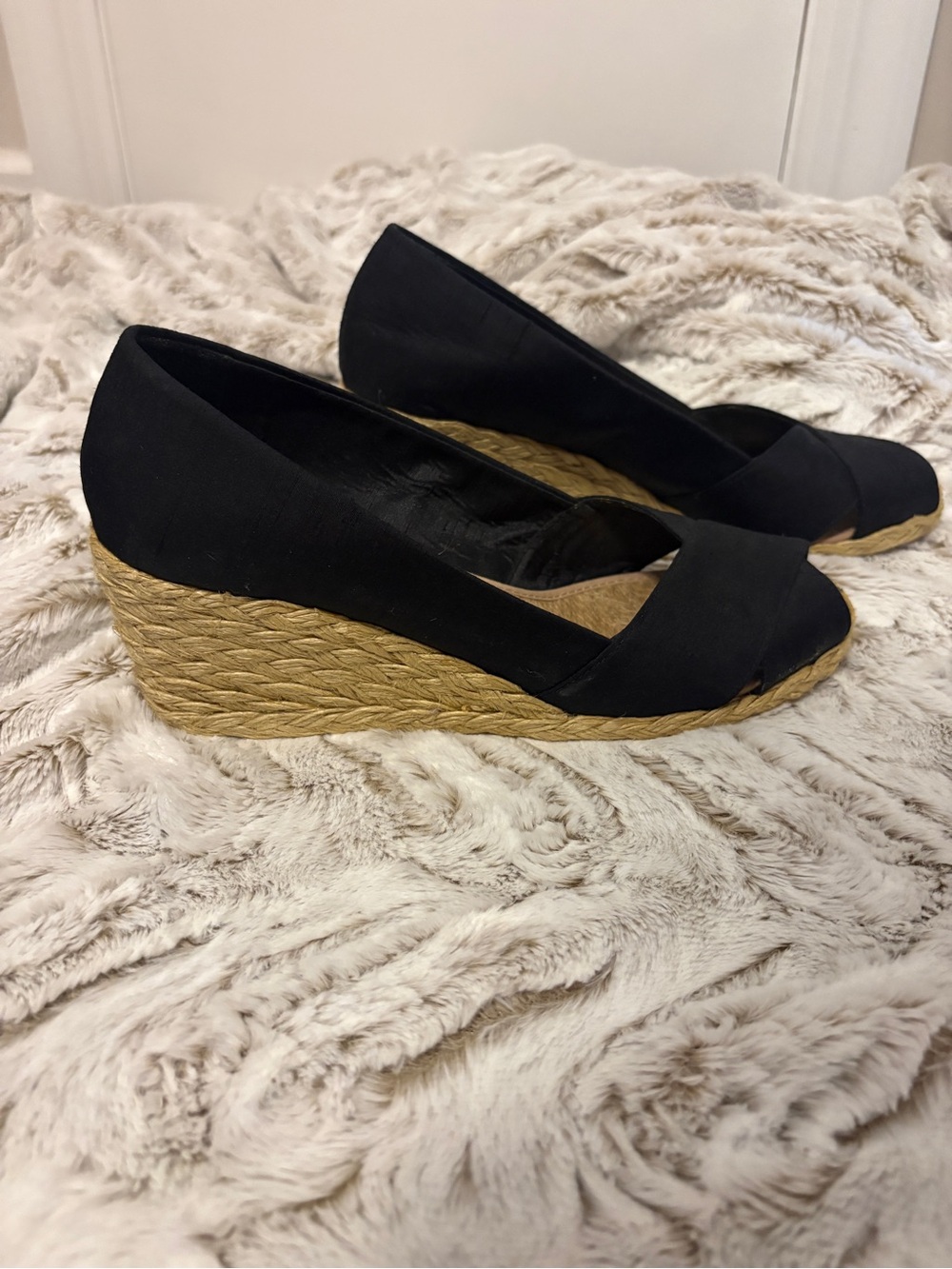 Ralph Lauren Black Espadrille Wedge Peep-Toe